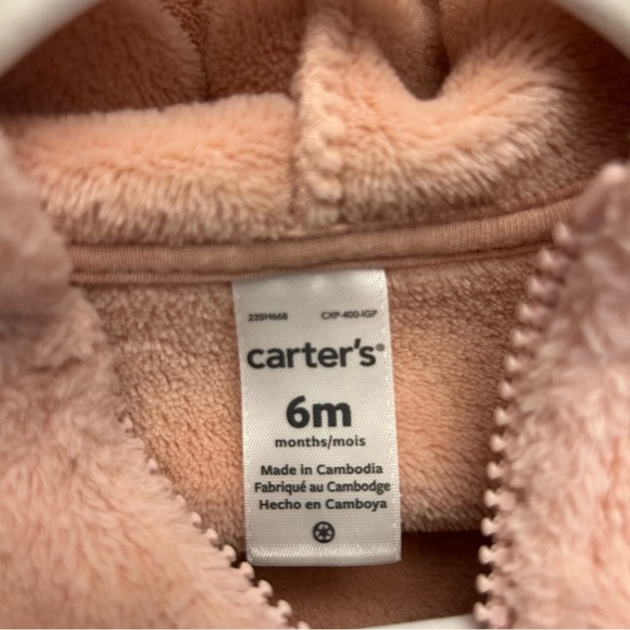 🍭Carters Blush  Pink Fuzzy Baby Hoodie with ears 6 months pockets - Picture 4 of 6